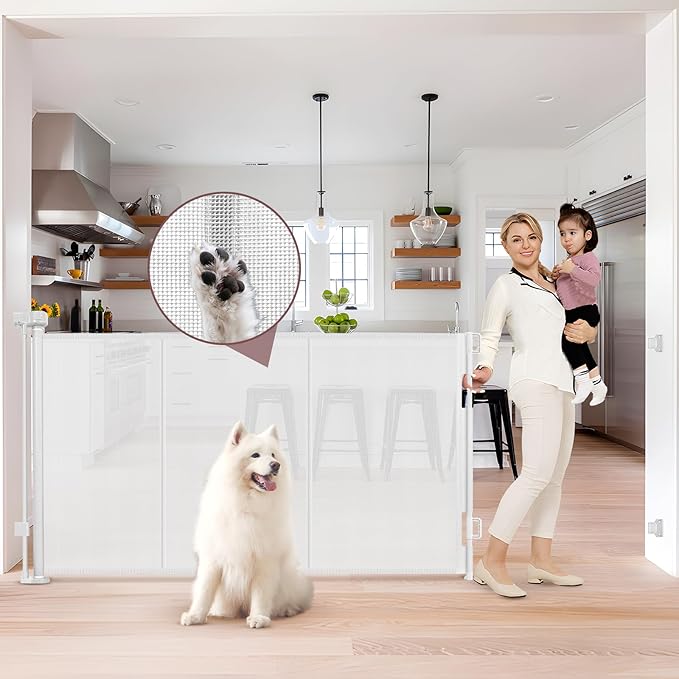 Reinforced 41 Inch Tall Retractable Dog Gate 80 Inch Extra Wide Baby Gate with Support Rods – Prevents Crawling Under, Indoor Retractable Baby Gates Outdoor Extra Tall Pet Gate, White