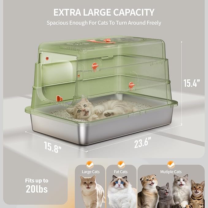 Stainless Steel Cat Litter Box with Lid, Enclosed Extra Large Metal Litter Pan for Big Cats, Full Flip Cover High Sided LitterBox Include Scoop, Easy Cleaning, Non-Stick, Green