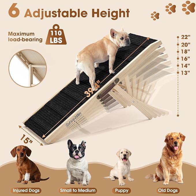 Dog Ramp for Bed - Foldable Small Medium Dog Ramp for Couch - 6 Adjustable Height from 13" to 22" - Stairs with High Traction Mat& Platform - Wooden Ramp for Dogs to Get on Bed Couch Car Up to 110LB