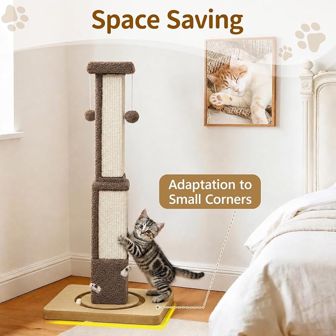 Tall Cat Scratching Post for Large Cats Kittens, 33" Indoor Sisal Vertical Pole Heavy Duty Square Structure with 4 Interactive Mouse Holes and Track Ball Base, Shields Furniture from Scratches