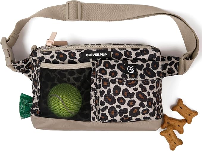 Cleverpup Walk & Train 2-in-1 Dog Walking Bag - Hands-Free Training Crossbody Sling & Fanny Pack with Treat Pouch, Poop Bag Holder, Phone Pockets - Adjustable Waist or Shoulder Strap - Leopard