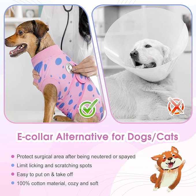 Kuoser Dog Surgery Suit, Soft Dog Spay Recovery Suit Female, Anti Licking Neuter Recovery Suit for Male Dogs, Post-Op Pet Surgical Suit Protective Wear E-Collar & Cone Alternative,Pink Polka Dots L