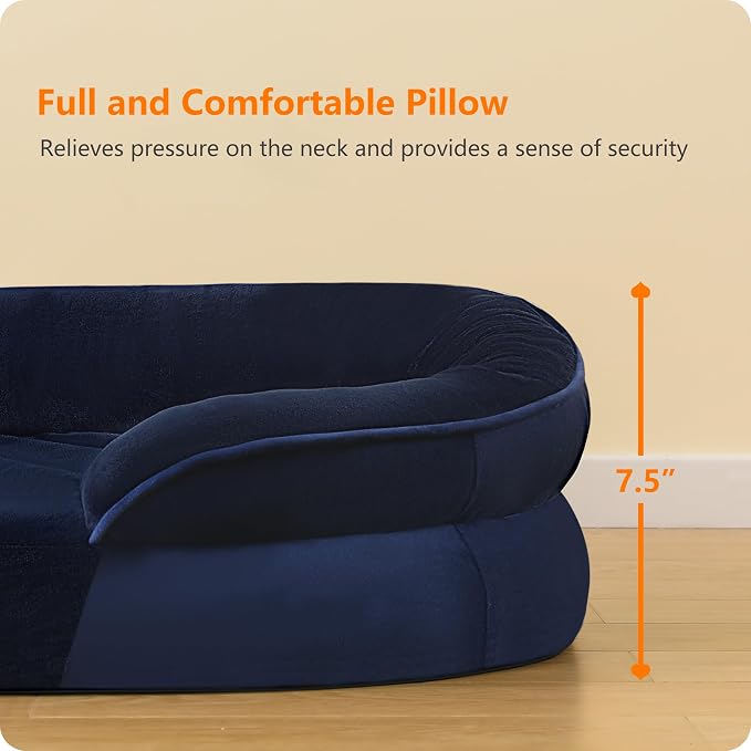 Dwanton Orthopedic Dog Bed for Extra Extra Large Dogs with Gel Memory Foam, Waterproof Dog Sofa, Washable Pet Bed with Four Sided Bolster Cushion, Removable Cover & Non-Slip Bottom, 48", Navy Blue