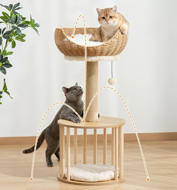 Made4Pets 30in PE Rattan Cat Tree Tower with Scratching Post, Birdcage-Style Wooden Condo with Reversible Cushion & Thickened Base, Handwoven Wicker Basket Bed and Plush Cushion Top Perch