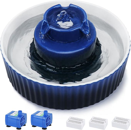Lawfery Ceramic Cat Water Fountain, 2.1L/71oz Cat Fountain with 3 Carbon Filters and 2 Water Pumps, Cupcake Pet Water Fountain for Cats and Dogs (Dark Blue)