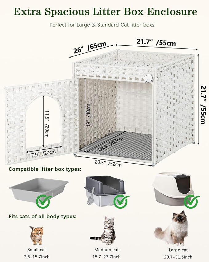 SETVSON Cat Litter Box Enclosure Furniture, Large Hidden Litter Box Furniture, Handwoven Rattan Cat House Cabinet, One Mat, Two S-Shaped Hooks, Living Room, Apartment 21.6 X 26 X 21.6 Inches, White