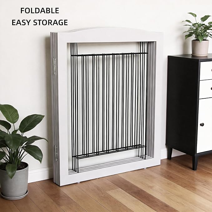 ZJSF Freestanding Dog Fence Indoor, Foldable Dog Gate for Doorways, Stairs or Hallways, Sturdy Wood Extra Wide Pet Gate with Support Feet for The House, Grey, 24 "Height-2 Panels