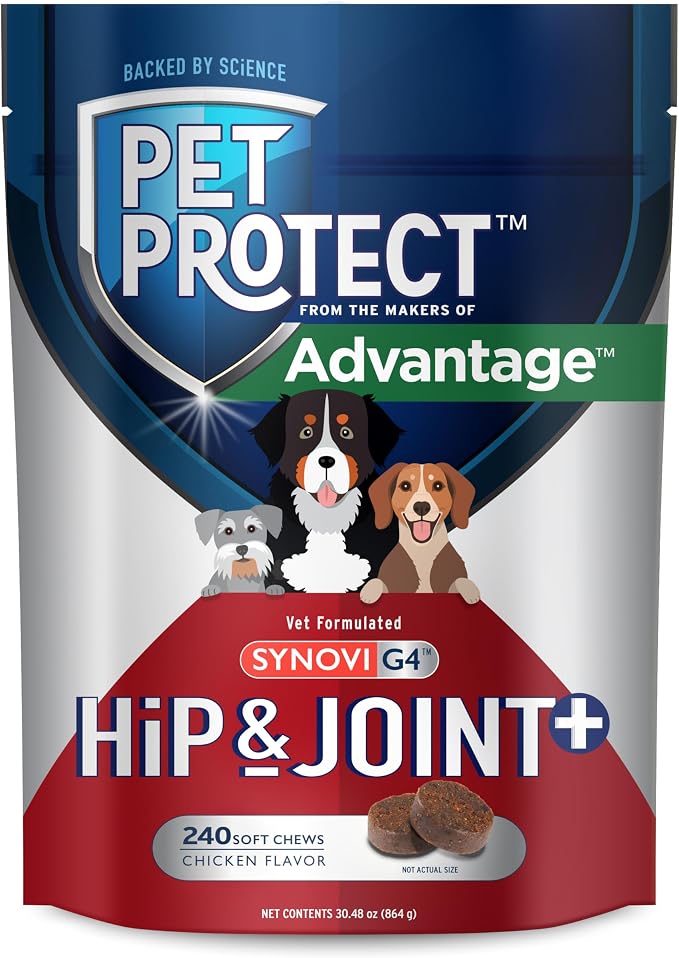 Pet Protect Dog Hip & Joint+ Supplement for Active & Aging Dogs, Vet-Formulated Synovi G4, Dog Glucosamine, Chicken-Flavored Soft Chews (240 Count)