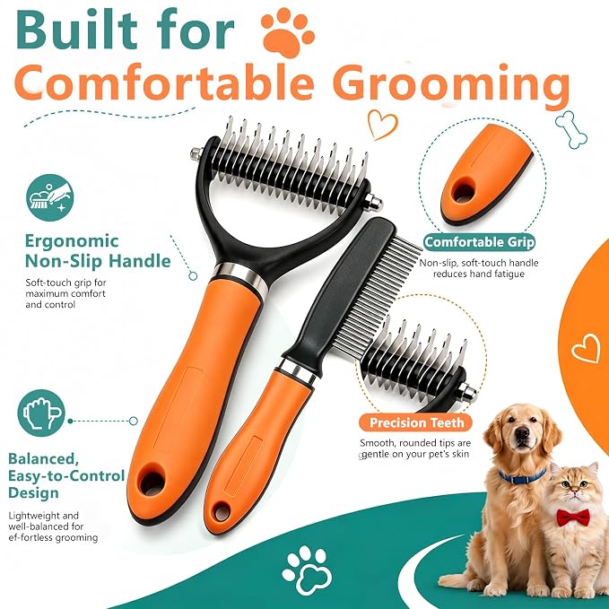 Dog Brush and Cat Deshedding Rake, Pet Grooming Tool for Shedding with Rounded Stainless Steel Teeth, Comfortable Grip for Long or Thick Coats (Orange with Comb)