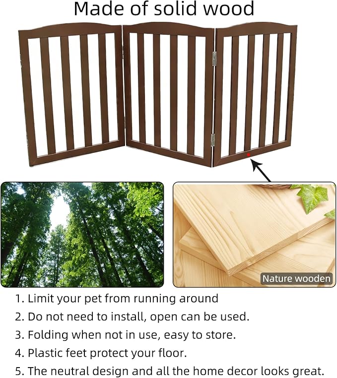 Freestanding Dog Gate Indoor,Doggie Gate Foldable Pet Gates for Doorways,Stairs or Hallways, Wooden Brown Pet Gate for the House, Pet Fence,24 "Height-3 Panels