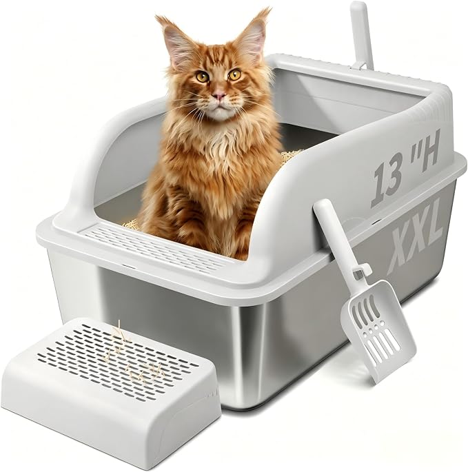 Stainless Steel Litter Boxes with Lid High Sides & Step, XXL Extra Large Metal Litter Boxes for Small & Elderly Cats, Friendly Cat Joints, Odor Free Litter Pan, Leak-Proo, Easy to Clean, Non-Sticky