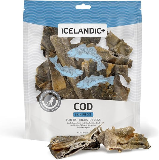 Icelandic+ Cod Skin Pieces - 8oz Bag - Pure Fish Dog Treats, Wild- Caught & Air-Dried, Single Ingredient Snacks, Pet Chews, Just The Fish Nothing Else