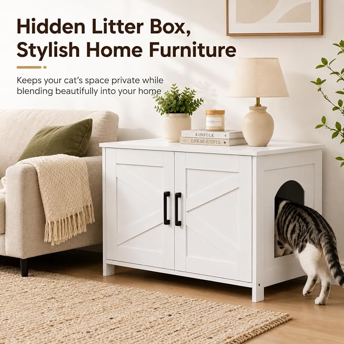 Homhedy Cat Litter Box Enclosure, Wooden Cat Washroom Furniture with Barn Door, Pet House, Fit Most of Litter Box, White