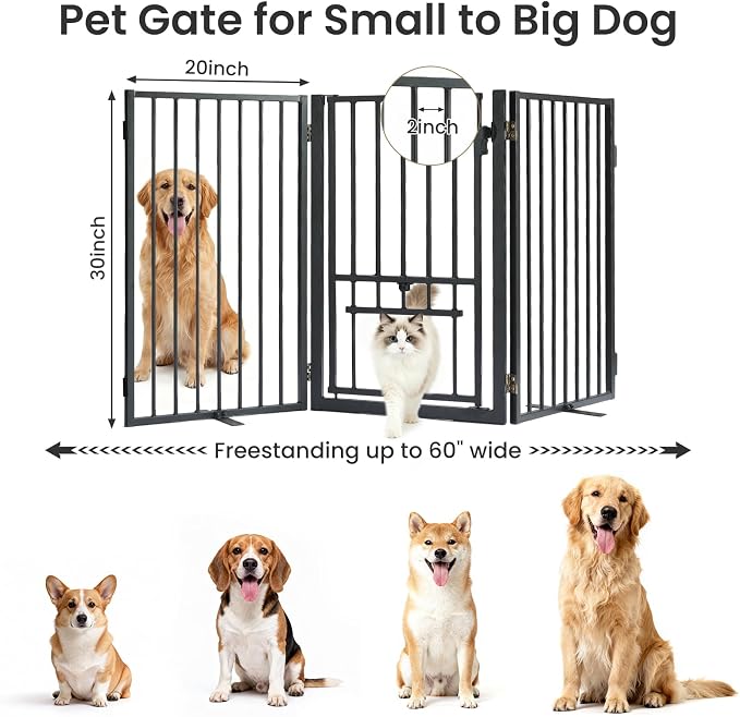 Metal Freestanding Dog Gate with Cat Door for Outdoor & Indoor,60" Extra Wide Foldable Puppy Fence,30" Tall Free Standing Dog Gate for Stairs,Hallways,Doorways,Deck,Yard (3 Panels,Black)