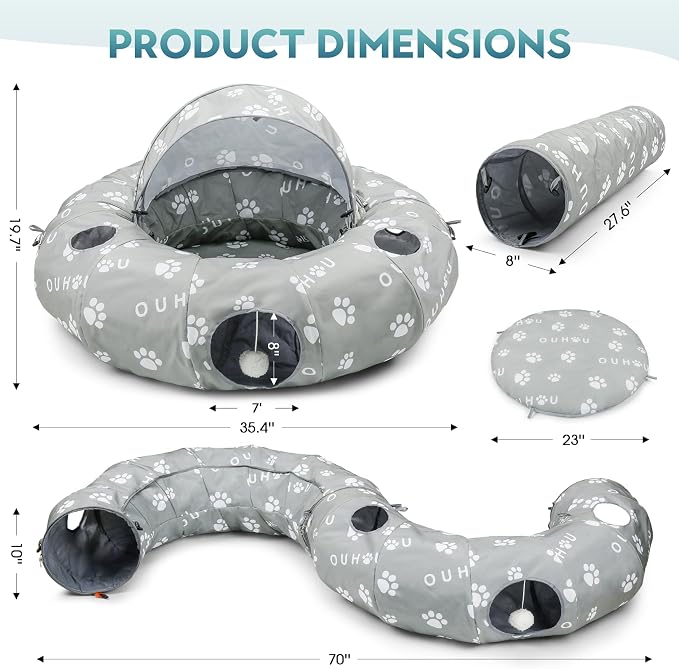 Cat Tunnel Bed for Indoor Cats, Donut Tunnel with Mat, Straight Tunnel, 4 Hanging Balls and Blackout Tent, Collapsible Peekaboo Cat Cave