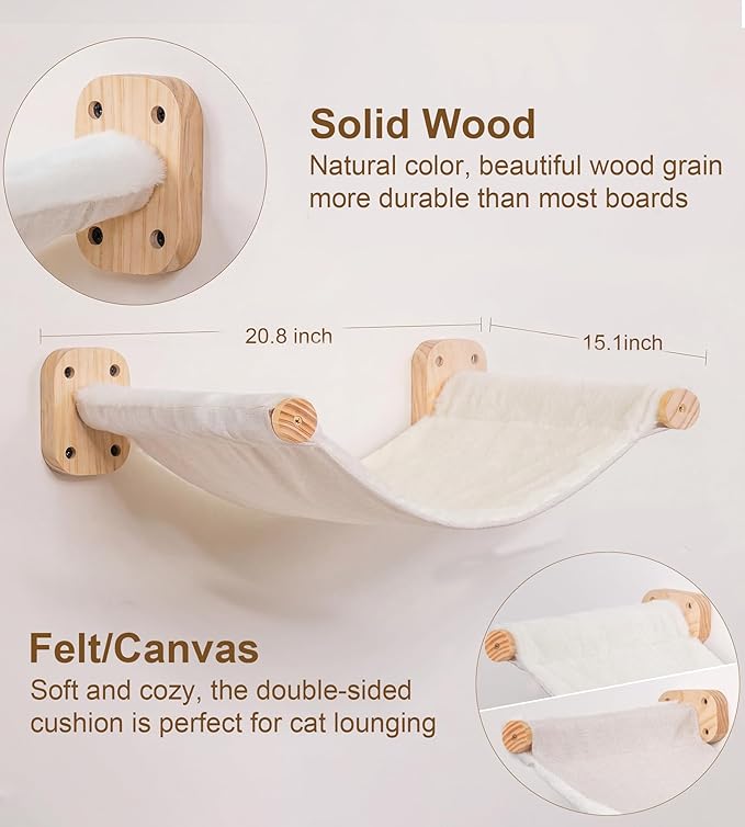 Cat Wall Shelves with 1 Floating Fabric Hammock, 2 Ladders with 4 Steps Each & 1 Flat Cat Shelf, Wall Mounted Bed Furniture & Climber, Indoor Playground