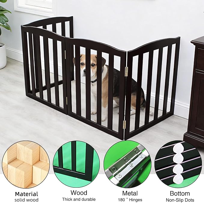 Freestanding Dog Gate Indoor,Doggie Gate Foldable Pet Gates for Doorways,Stairs or Hallways, Wooden Black Pet Gate for the House, Pet Fence,24 "Height-4 Panels