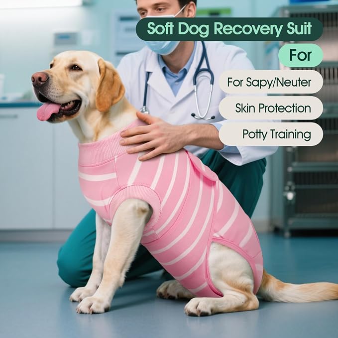 Kuoser Dog Surgery Recovery Suit, Soft Breathable Dog Recovery Suit for Female Spay Male Nueuter, Anti Licking Puppy Onesie Pet Surgical Suit for Dogs Abdominal Wounds Skin Disease, Pink Strips XL