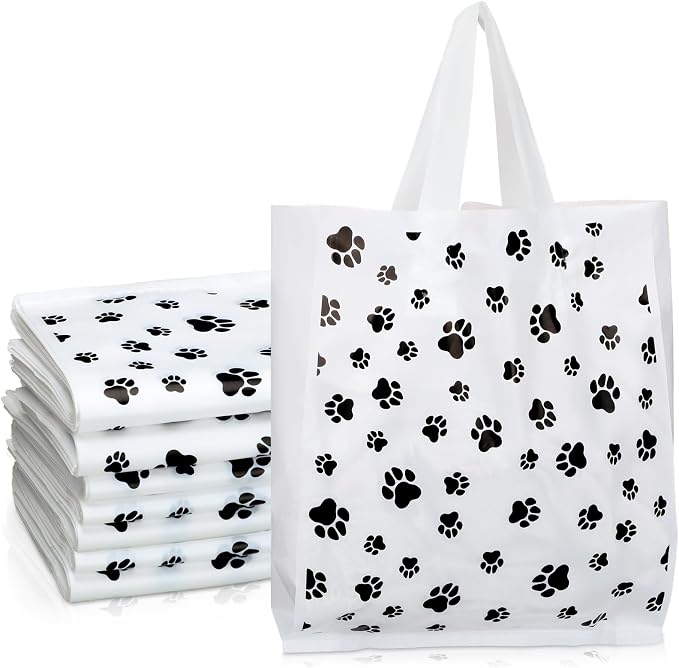 Shinylin 300 Pcs Dog Paw Bags with Handles Plastic Puppy Print Dog Paw Gift Bags for Selling Shopping Merchandise Small Business Party Favor 7.87 x 9.45 Inch