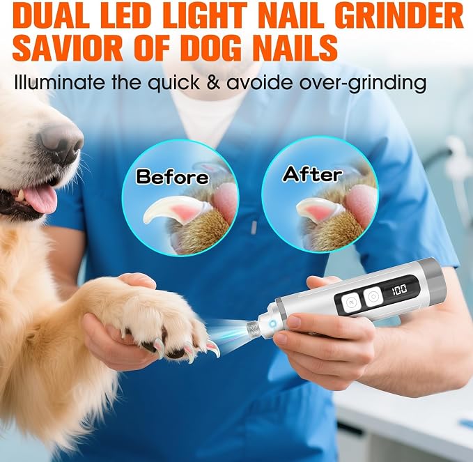 Dog Nail Trimmers Ultra Quiet Electric Pet Dog Nail Clippers Cat Nail Clipper with Led Lights Nail Grinder High Speed Nail File Electric Clippers for Grooming Small, Medium,Large Dogs and Cats (grey)