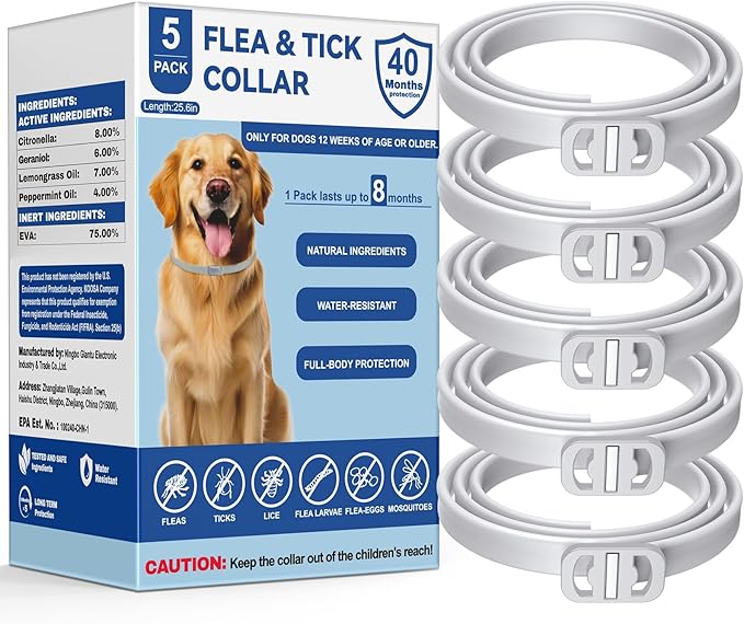 KOOSA Flea and Tick Collar for Dogs, 5 Packs Flea Collar for Dogs with Natural Essential Oils, Waterproof & Adjustable Flea and Tick Prevention Collar for Small Medium Large Dogs & Puppies, Grey