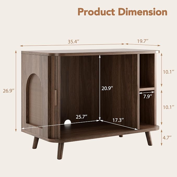 35.4" Cat Litter Box Enclosure with Sliding Door – Wooden Hidden Litter Box Furniture with 2-Layer Shelves, Side End Table for Living Room, Brown
