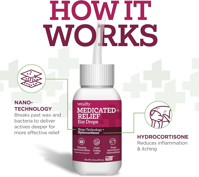 Vetality Medicated Otic Drops for Dog Ear Infection Treatment, 2 fl oz