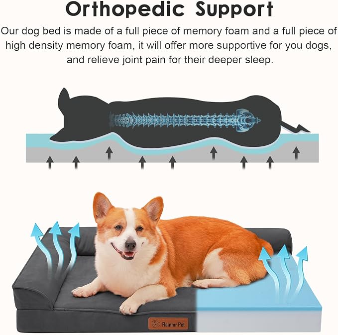 Rainmr Orthopedic Dog Bed for Large Dogs, 36"x27"x6" Memory Foam Pet Bed with Washable Microsuede Cover, TPU Waterproof Liner & Nonskid Bottom, for Indoor, Outdoor, Crate ＆ Car Use, Dark Grey
