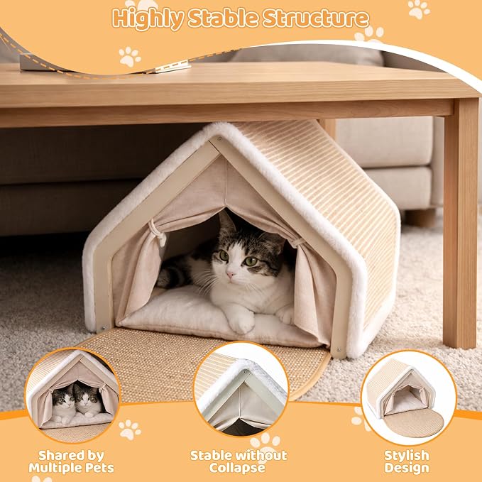 Cat Houses for Indoor Cats, 4-Season Universal Cat Bed with Natural Hemp Scratching Pad, Solid Wood Frame, Easy to Assemble, Floor-Scratching Carpet, Medium