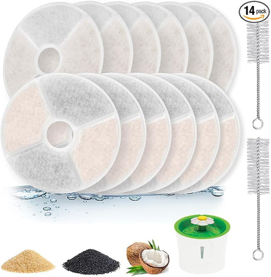 12 Pack Cat Fountain Filters Compatible with Catit 3L Flower Fountain, Frame-Free Eco Filter, 2X Filtration Media, Extra Resin for Cleaner & Softer Water, Replacement Filters with 2 Cleaning Brushes