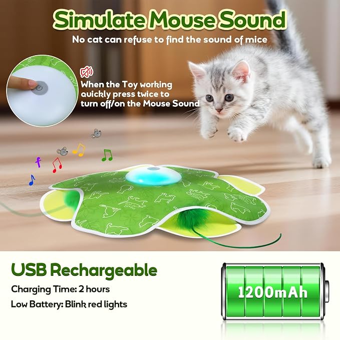 Saolife Interactive Cat Toys with Moving Feather Concealed in Mat, Rechargeable Cat Exercise Toys for Bored Cats with Motion Activated, Mouse Squeaky (Green)