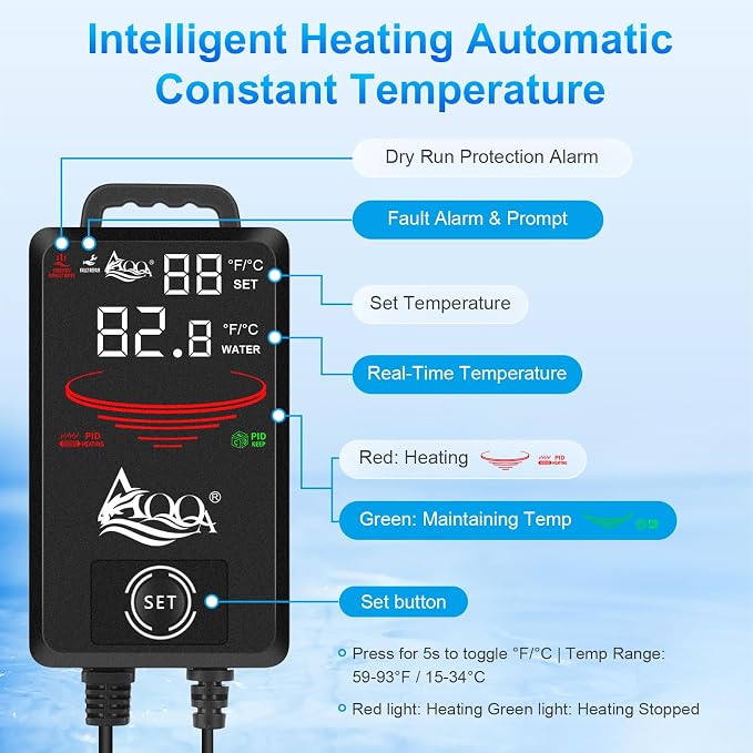 AQQA Aquarium Heater, 1200W Submersible Fish Tank Heater for 155-265 Gallon, Intelligent Digital Aquarium Heater with Over-Temperature Dry Burning Protection, for Freshwater and Saltwater Aquariums