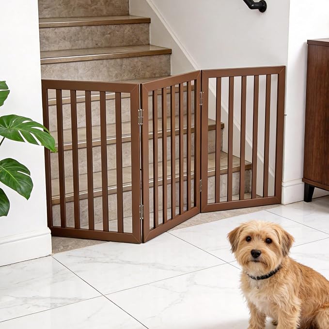 Dog Gate Indoor, Freestanding Dog Fence for The House, Doorways, Hallways,or Stairs,Pet Gate Foldable Wooden,Expandable 24" Height 3 Panels,Brown