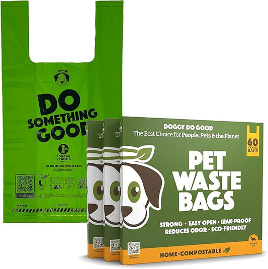 Doggy Do Good - 180 Count, Heavy Duty Poop Bags for Dogs with Handles - Standard Size - Dog Waste Bags Made with 50% Recycled Plastic + 15% Biobased Material - Landfill-Friendly, Unscented, Leak-Proof