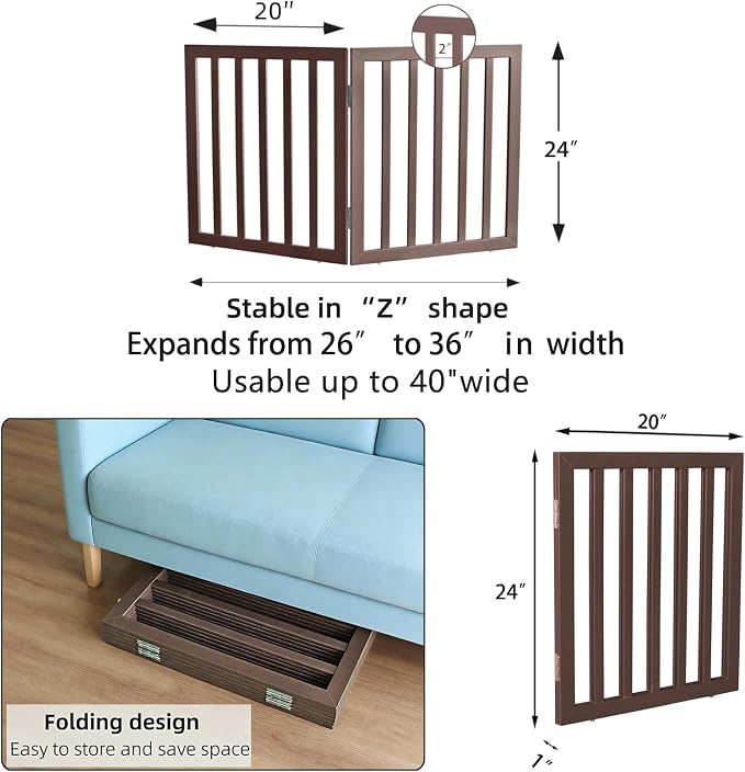 Dog Gate Indoor, Freestanding Dog Fence for The House, Doorways, Hallways,or Stairs,Pet Gate Foldable Wooden,Expandable 24" Height 2 Panels,Brown