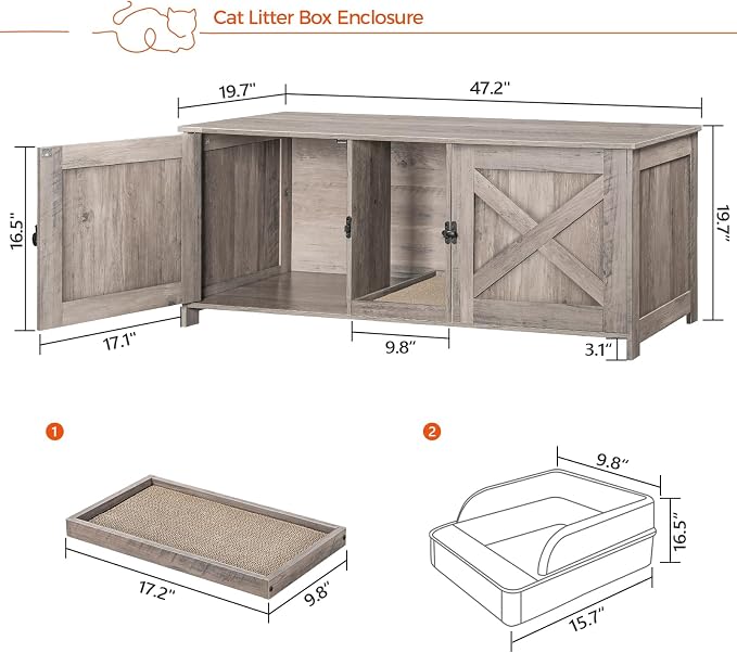 MAHANCRIS Cat Litter Box Enclosure for 2 Cats, 47.2" Hidden Cat Litter Box Furniture with Double Room, Wooden Washroom Cabinet with Scratching Board, Indoor House End Table, Greige CWHG1201