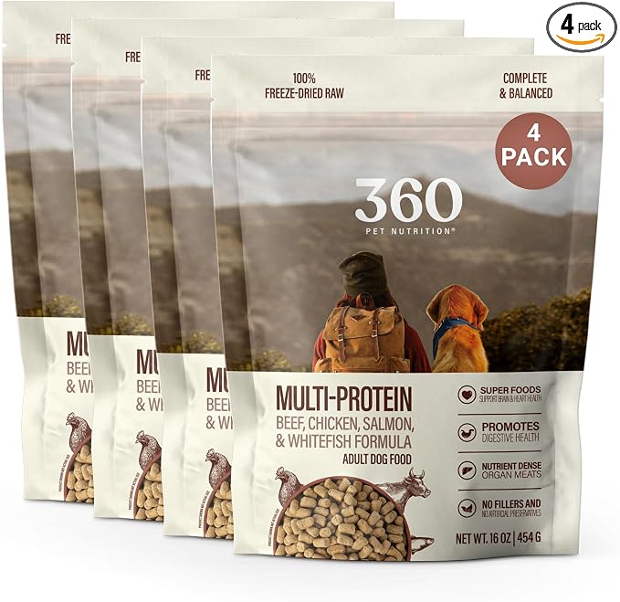 360 Pet Nutrition Freeze-Dried Raw Dog Food – Multi-Protein with Beef, Chicken, Fish & Organs, High Protein, Omega-3s, Fruits, Veggies & Superfoods, Grain-Free, No Filler 4 x 16 oz Made in USA