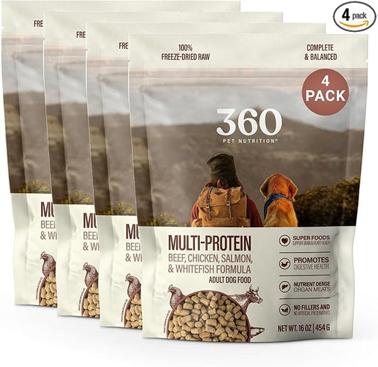 360 Pet Nutrition Freeze-Dried Raw Dog Food – Multi-Protein with Beef, Chicken, Fish & Organs, High Protein, Omega-3s, Fruits, Veggies & Superfoods, Grain-Free, No Filler 4 x 16 oz Made in USA