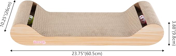 Rini 23.75" Modern Cardboard Cat Scratcher Lounge Bed with Built-in Bell Toys and Catnip, Ergonomic Curved Sofa Design, Oak Wood Finish CSR1003C