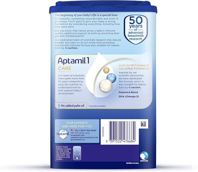 Aptamil Care Stage 1, Milk Based Powder Infant Formula, Also for C-Section Born Babies, with DHA & ARA, Omega 3 & 6, Prebiotics, Contains No Palm Oil, 28.2 Ounces (Packaging May Vary)