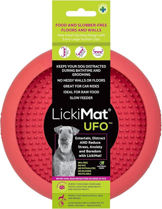 New LickiMat UFO Pink - Bathing, Shower & Grooming Distractor, Natural Rubber Large Licking Nubs, Unique Dribble Catcher Design, Slow Feeder Dog Bowl