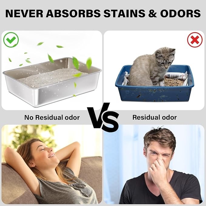 Stainless Steel Litter Box, Large Metal Cat Litter Box for Small to Medium Cats, High Sides, 18"x14"x6"，Non Stick, No Smell, Easy to Clean