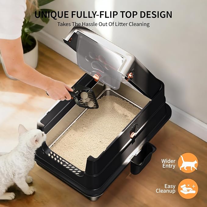 Stainless Steel Cat Litter Box with Lid, Small Enclosed Metal Litter Pan with High Sides, Full Flip Cover Litter Box for Kittens, Include Scoop & Step, Leak Proof Easy Clean Odor Control, Black