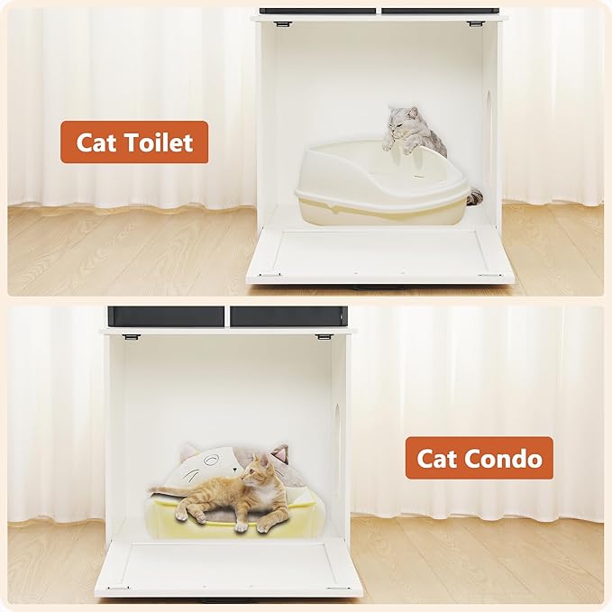 Dwanton Litter Box Enclosure with 3 Storage Shelves and 2 Drawers, 2-in-1 Hidden Cat Litter Box Enclosure Furniture with Shelf, Reversible Entrance, Washable Drawers, 61.8-Inch, White