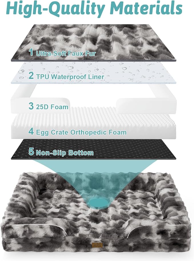 COZY KISS Orthopedic Dog Bed for Extra Large Dog 44x32 inch, XL Faux Fur Pet Sofa, Bolster Foam Bed with Sides, Non-Slip and Egg-Crate Big Dog Couch Bed with Washable Removable Cover, Tie Dye Grey