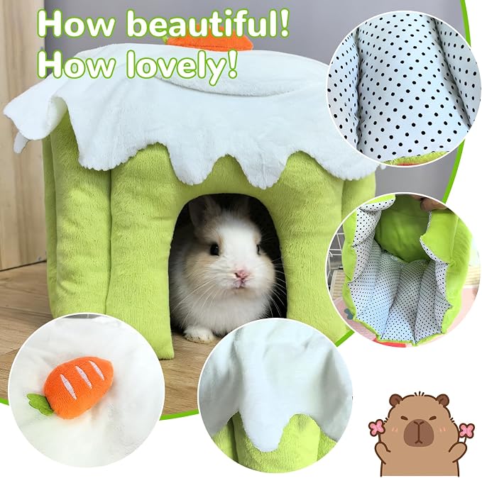Guinea Pig Hideout, Warm Bunny House, Washable Winter Dwarf Rabbit Bed for Hamster, Chinchilla,Hedgehog, Ferret & Other Small Animals (Green-L)