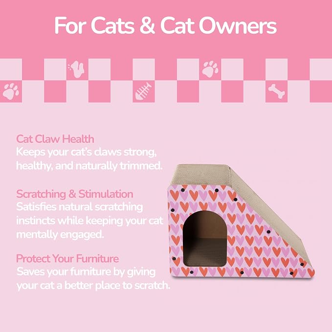 Kento 23.63" Modern Cardboard Cat Cave Scratcher with Catnip, Angled Trapezoid Hideaway House and Scratching Lounge for Indoor Cats, Heart Pattern CSR1008C