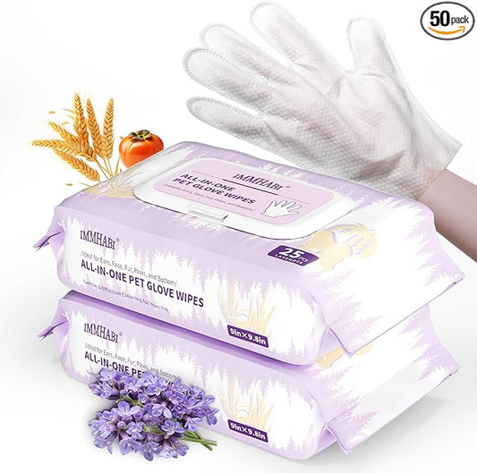 IMMHABI 50 Count Cleaning Deodorizing Pet Glove Wipes for Dogs & Cats, Hypoallergenic Dog Bath Wipes with Natural Deodorizer Persimmon Tannin, Pet Bathing Wipes for Horse Coat Care Lavender Scent
