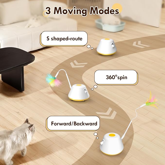 3 in 1 Interactive Cat Toys for Indoor Automatic Cat Laser Toy with Removable Feather Toy,3 Self Moving Modes, Smart Standby, USB Powered,Rubber Wheels Automatic Kitten