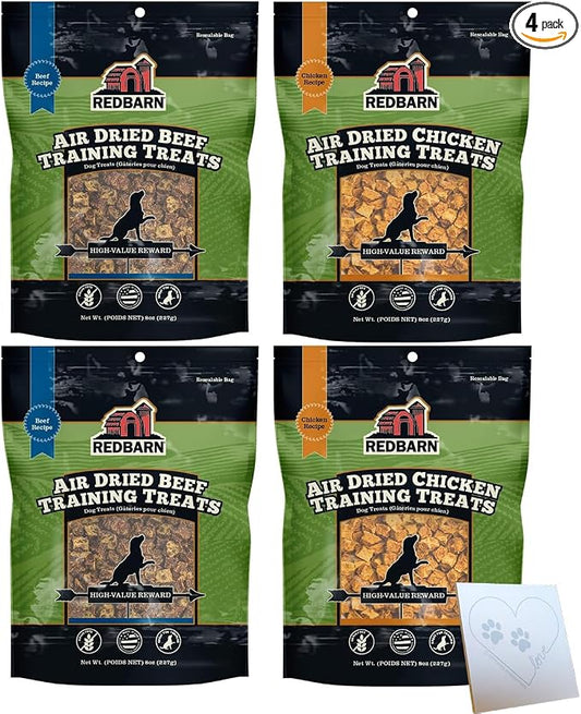 Redbarn-All-Natural Air-Dried Training Treats for Puppies and Dogs - Delicious Beef & Chicken Flavors - Grain-Free Single Protein Rewards for Small, Medium, & Large Breeds (8oz Each, 4 Bags Total)